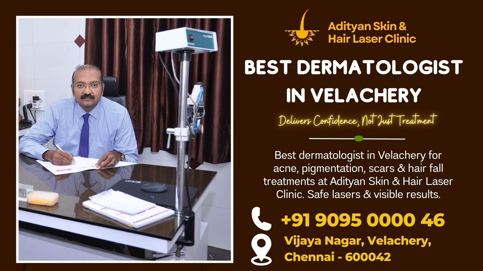 Dr. Adityan at Adityan Skin & Hair Laser Clinic, the best dermatologist in Velachery, offering acne, pigmentation, scars and hair fall treatments.