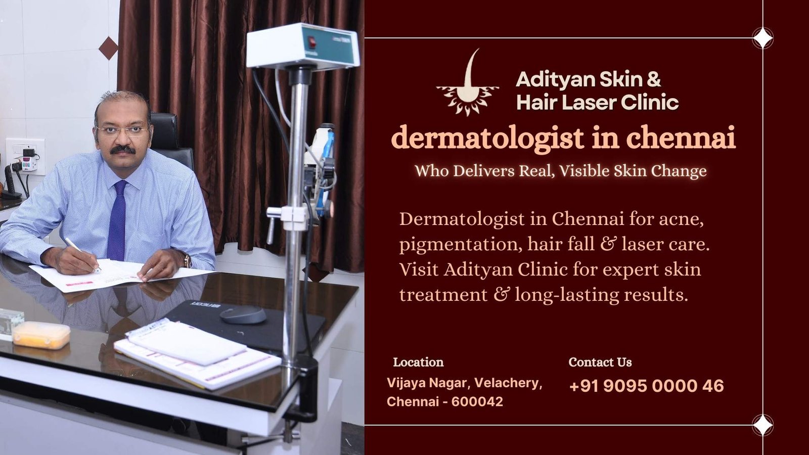 Dermatologist in Chennai Dr. Adityan at Adityan Skin and Hair Laser Clinic offering acne, pigmentation, hair fall and laser treatments.