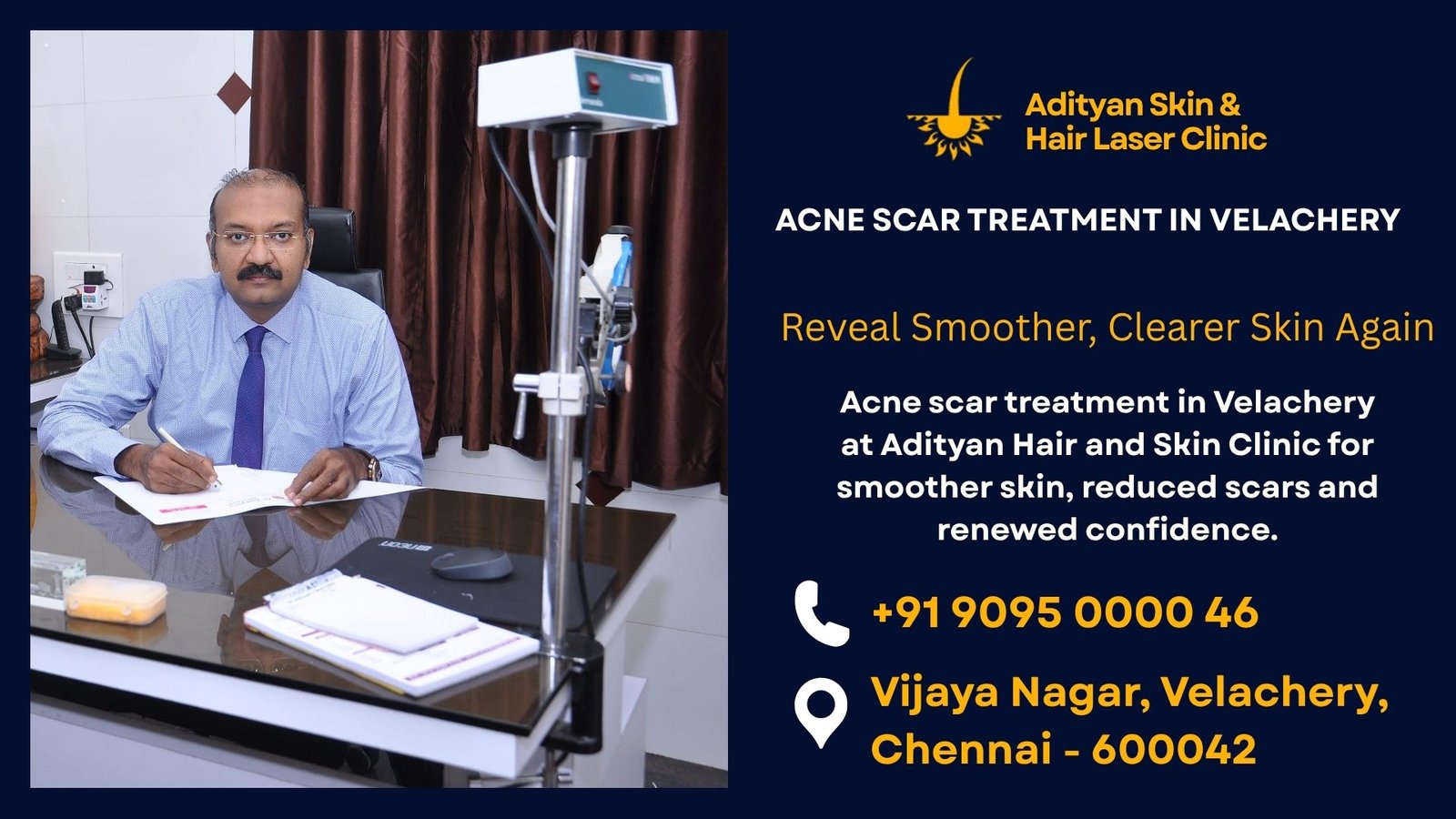 Acne scar treatment in Velachery at Adityan Hair and Skin Clinic for smoother skin, reduced scars and renewed confidence.