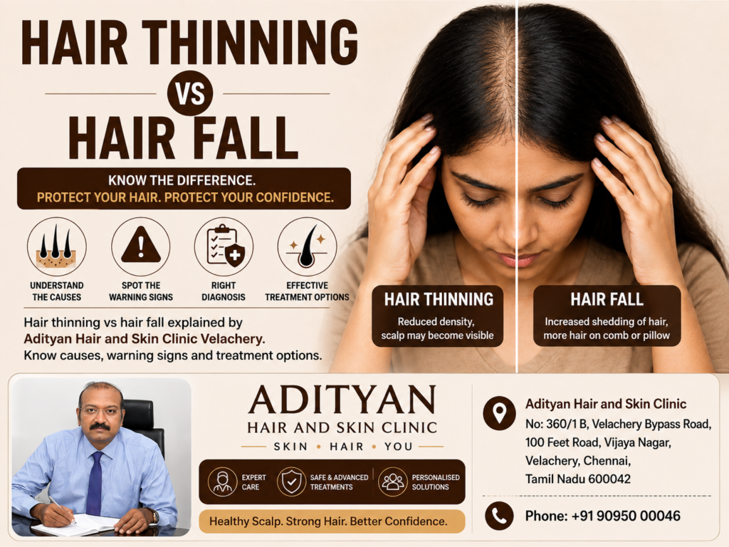 Hair thinning vs hair fall explained by Adityan Hair and Skin Clinic Velachery. Know causes, warning signs and treatment options.