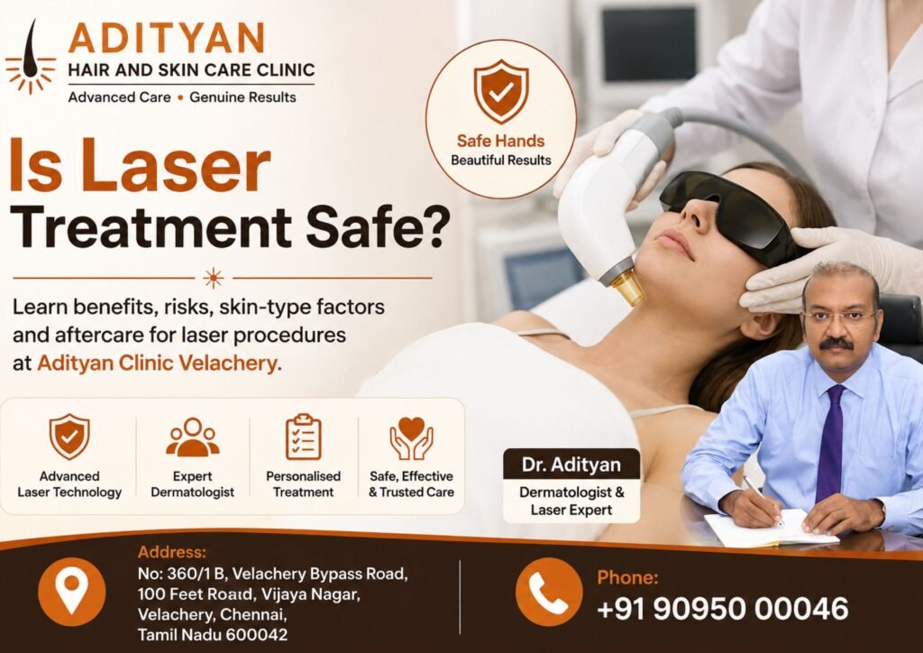 Is laser treatment safe? Learn benefits, risks, skin-type factors and aftercare for laser procedures at Adityan Clinic Velachery.