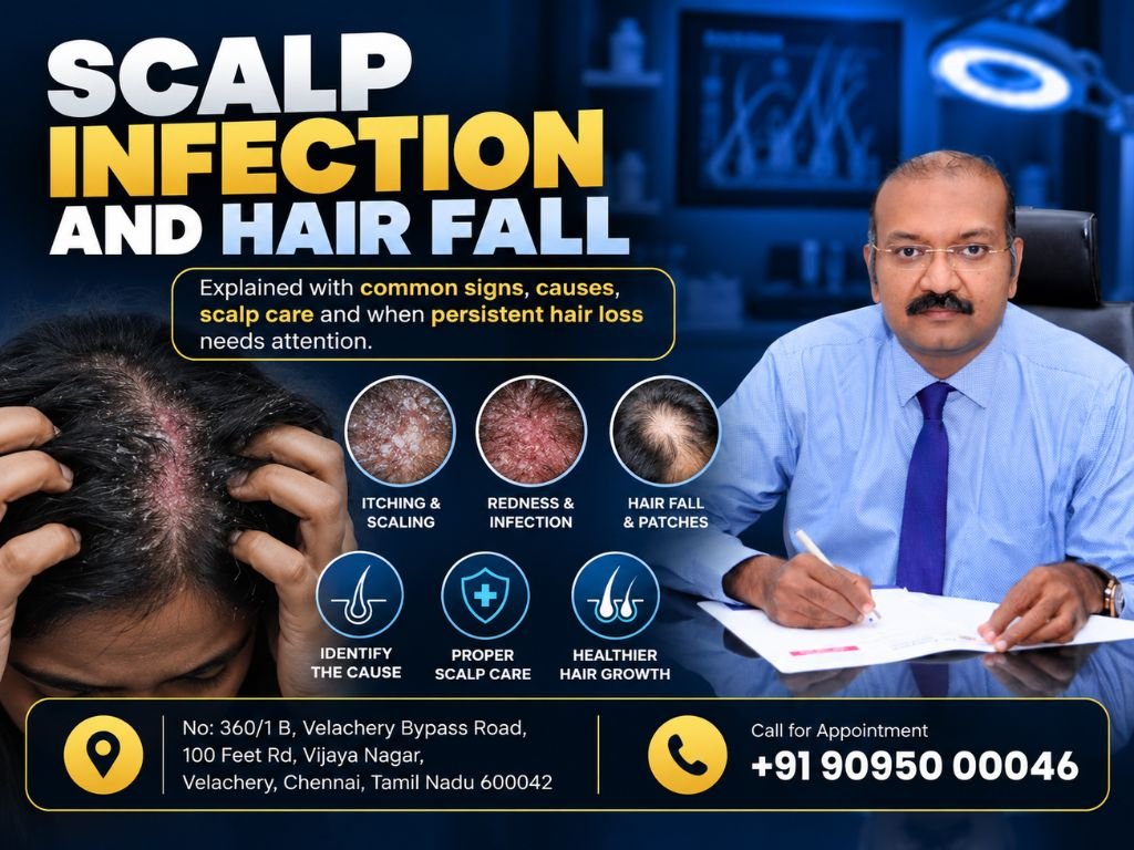 Scalp infection and hair fall explained. Learn common signs, causes, scalp care and when persistent hair loss needs attention.