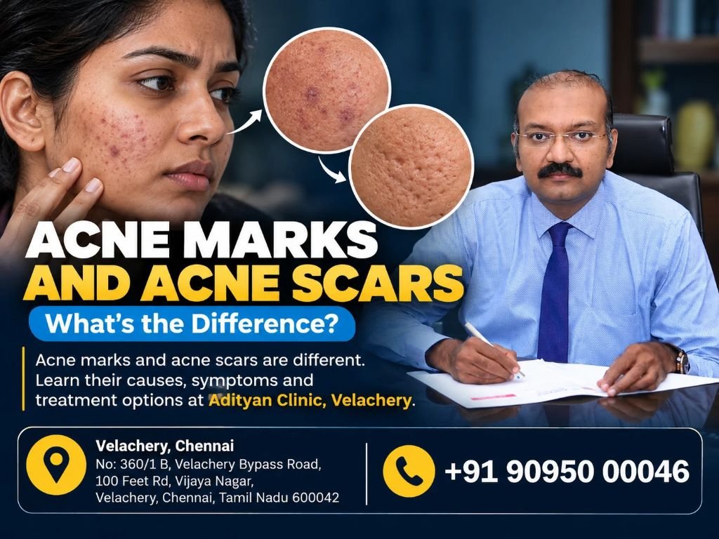 Acne marks and acne scars are different. Learn their causes, symptoms and treatment options at Adityan Clinic, Velachery.