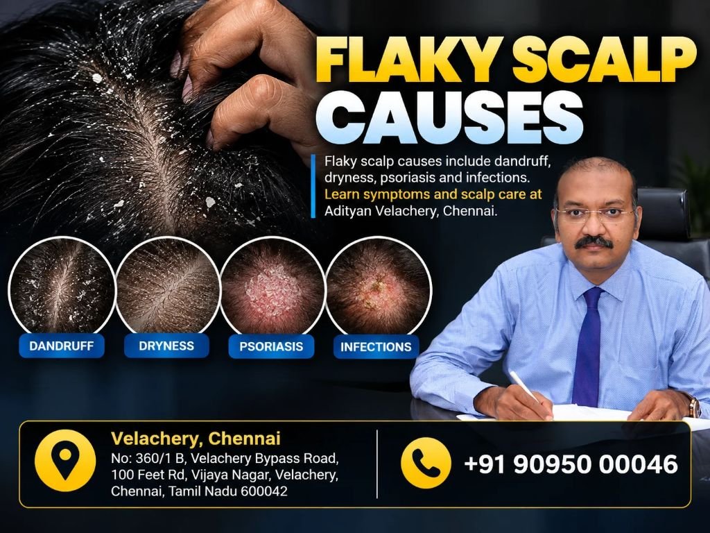 Flaky scalp causes include dandruff, dryness, psoriasis and infections. Learn symptoms and scalp care at Adityan Velachery, Chennai.