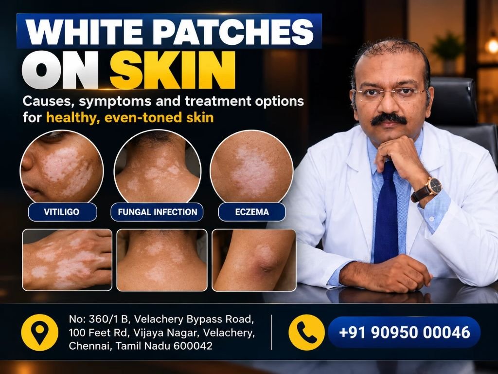White Patches on Skin may be caused by vitiligo, fungal infections or eczema. Learn symptoms and treatment at Adityan, Velachery.