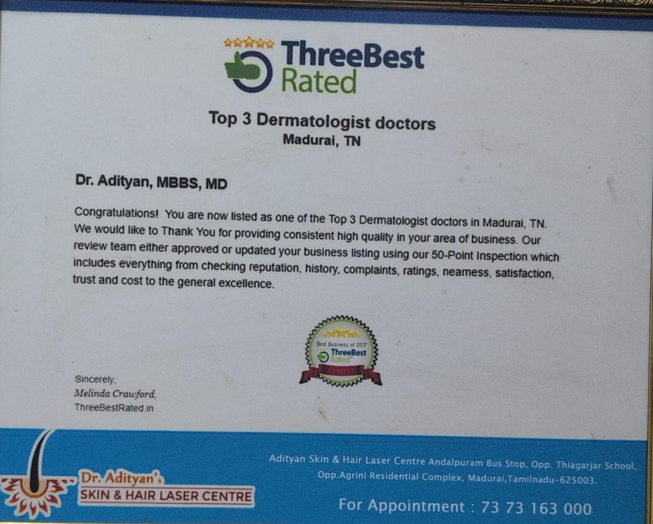 ThreeBestRated directory listing certificate, 2017, for Dr. Adityan, Madurai